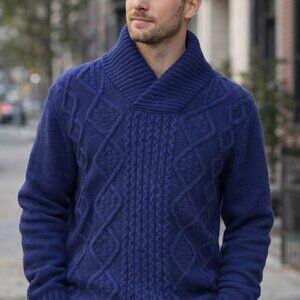 Charter Club Men's Large Blue Cable Knit Shawl Collar Sweater 70% Superfine Wool